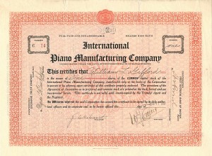 International Piano Manufacturing Co. - Stock Certificate